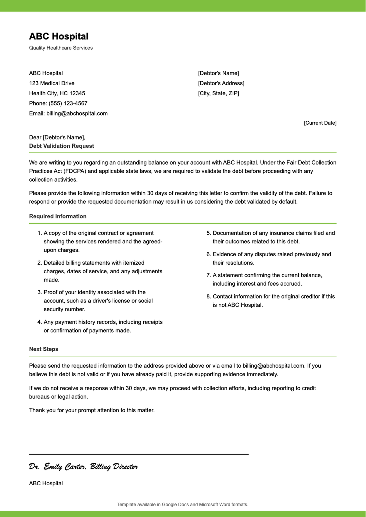 Medical debt validation letter template with green accents and editable fields_variant_3